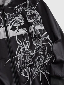 ROMWE MEN Street Life Men's Gothic Print Hooded Fur Collar Zip-Up Sweatshirt - Black - View 4