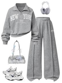 SHEIN Tween Girl Long Sleeve Fall Outfits Back To School Athletic Set Sweatshirt Spring/Autumn/Winter Thickened Fleece-Lined White Grey Family Matching - Grey - View 1
