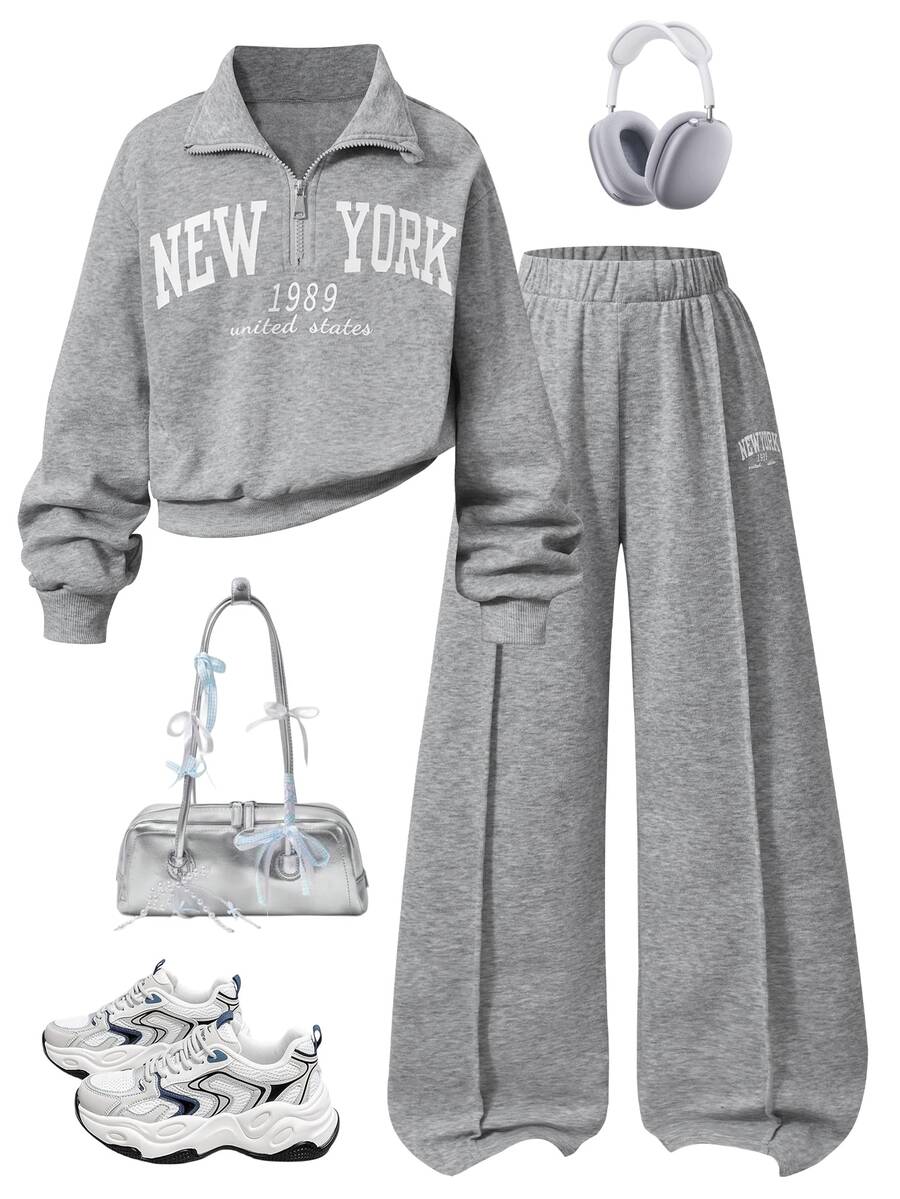 SHEIN Tween Girl Long Sleeve Fall Outfits Back To School Athletic Set Sweatshirt Spring/Autumn/Winter Thickened Fleece-Lined White Grey Family Matching - Grey - View 1
