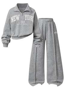 SHEIN Tween Girl Long Sleeve Fall Outfits Back To School Athletic Set Sweatshirt Spring/Autumn/Winter Thickened Fleece-Lined White Grey Family Matching - Grey - View 3