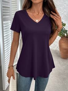 EMERY ROSE Women's Casual V-Neck Short Sleeve Loose T-Shirt, Solid Color, Suitable For Daily Commute, Summer - Purple - View 3