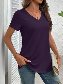EMERY ROSE Women's Casual V-Neck Short Sleeve Loose T-Shirt, Solid Color, Suitable For Daily Commute, Summer - Purple - View 7
