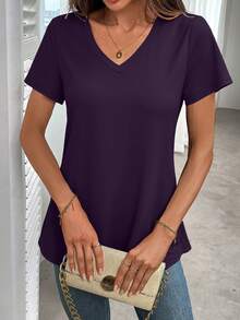 EMERY ROSE Women's Casual V-Neck Short Sleeve Loose T-Shirt, Solid Color, Suitable For Daily Commute, Summer - Purple - View 4