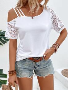 EMERY ROSE Camiseta casual de moda con hombro asimétrico de encaje de contraste de unicolor para mujer - Blanco - Ver 6