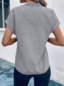 EMERY ROSE Women's Solid Color Notch V Neck Batwing Sleeve Summer Shirt,Short Sleeve Tops - Grey - View 2