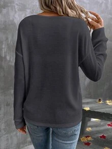 EMERY ROSE Camiseta casual de manga larga con cuello en V y hombros caídos para mujer, de color liso, para otoño - Gris Oscuro - Ver 2