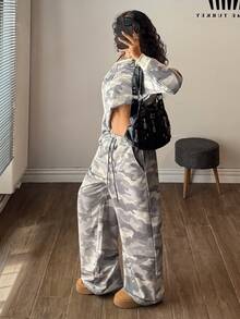 Muchica 女款迷彩印花不對稱領衛衣與抽繩腰工裝褲套裝 居家休閒 灰色迷彩 秋季休閒 - 彩色 - 查看 4
