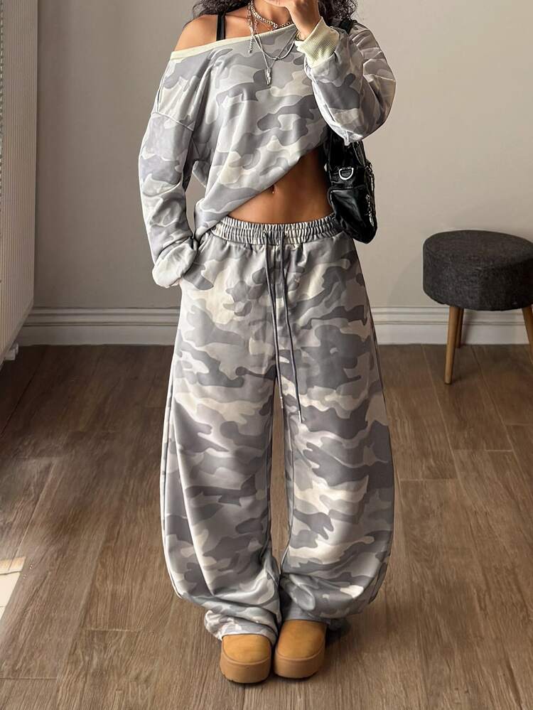 Muchica Women's Camouflage Print Asymmetric Neck Sweatshirt And Drawstring Waist Cargo Pants Set Lounge Grey Camo Autumn Casual - Multicolor - View 1