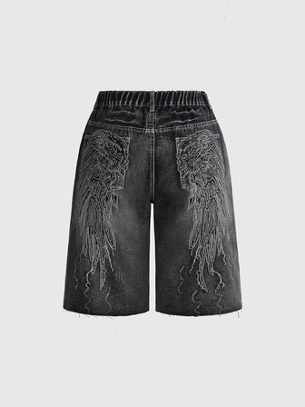 Grunge Punk Y2K Vintage Washed Wing Print Ultra Low Waist Wide Leg Plus Size Women Denim Shorts