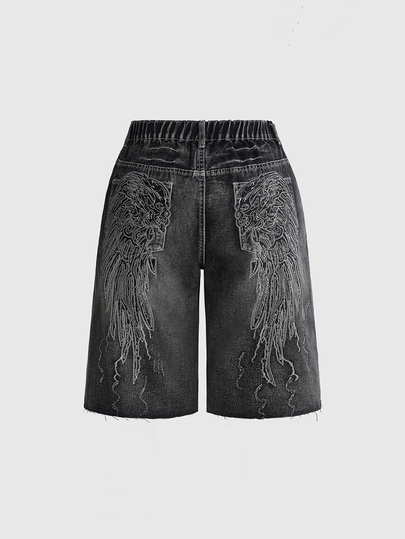 Grunge Punk Y2K Vintage Washed Wing Print Ultra Low Waist Wide Leg Plus Size Women Denim Shorts