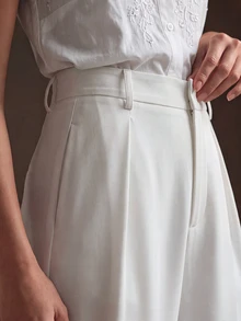 Anewsta Essential Casual Straight High Waist Solid Color Trousers - White - View 3