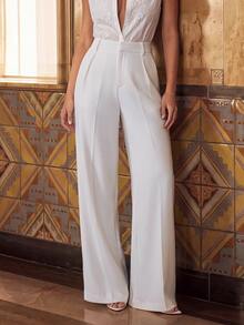 Anewsta Essential Casual Straight High Waist Solid Color Trousers - White - View 5