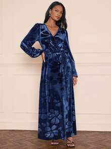 Lilora Floral Print Surplice Neck Belted Velvet Dress - Blue - View 6