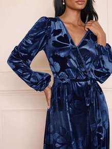 Lilora Floral Print Surplice Neck Belted Velvet Dress - Blue - View 7