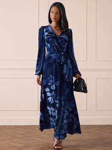 Lilora Floral Print Surplice Neck Belted Velvet Dress - Blue - View 4