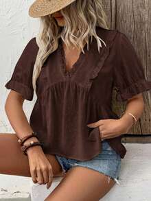 EMERY ROSE Blusa de mujer con cuello en V y mangas abullonadas con corte láser 3D - Marrón - Ver 7