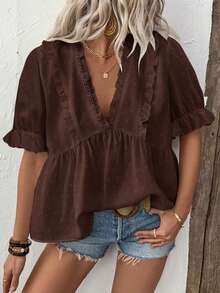 EMERY ROSE Blusa de mujer con cuello en V y mangas abullonadas con corte láser 3D - Marrón - Ver 1