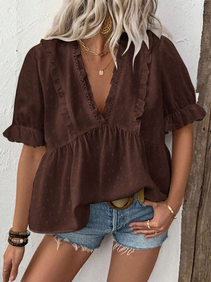 EMERY ROSE Blusa de mujer con cuello en V y mangas abullonadas con corte láser 3D - Marrón - Ver 1