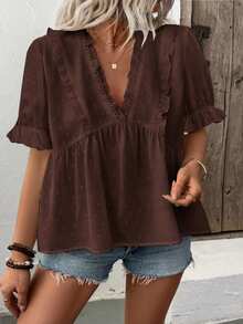 EMERY ROSE Blusa de mujer con cuello en V y mangas abullonadas con corte láser 3D - Marrón - Ver 4