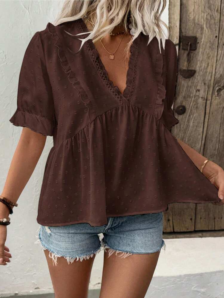 EMERY ROSE Blusa de mujer con cuello en V y mangas abullonadas con corte láser 3D - Marrón - Añade 6
