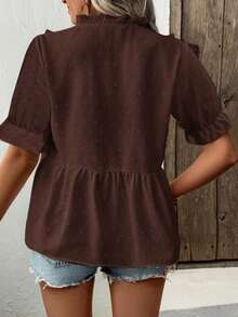 EMERY ROSE Blusa de mujer con cuello en V y mangas abullonadas con corte láser 3D - Marrón - Ver 2
