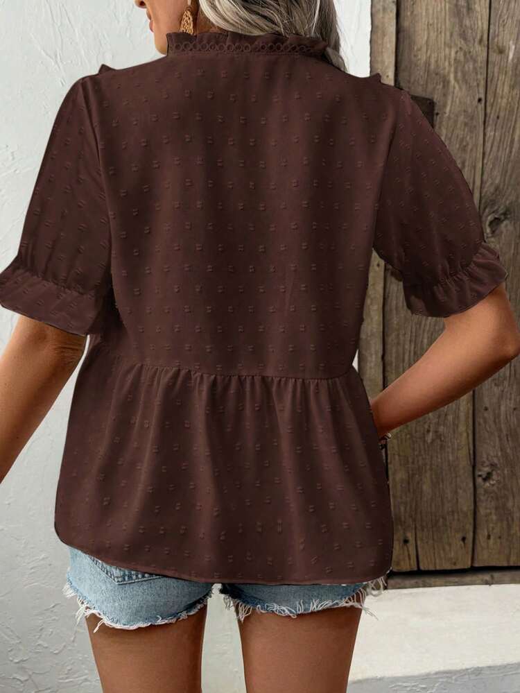 EMERY ROSE Blusa de mujer con cuello en V y mangas abullonadas con corte láser 3D - Marrón - Añade 2