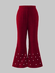 Long Sleeve Lapel Girls'2pcs Set, Burgundy Shirt With 3D Bow Decor, Pearl Beaded Knit Fabric, Ruffled Collar, Khaki Pearl Flared Pants, Summer - Burgundy - View 8