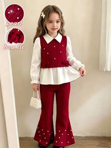 Long Sleeve Lapel Girls'2pcs Set, Burgundy Shirt With 3D Bow Decor, Pearl Beaded Knit Fabric, Ruffled Collar, Khaki Pearl Flared Pants, Summer - Burgundy - View 11