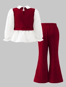 Long Sleeve Lapel Girls'2pcs Set, Burgundy Shirt With 3D Bow Decor, Pearl Beaded Knit Fabric, Ruffled Collar, Khaki Pearl Flared Pants, Summer - Burgundy - View 3