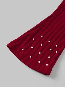 Long Sleeve Lapel Girls'2pcs Set, Burgundy Shirt With 3D Bow Decor, Pearl Beaded Knit Fabric, Ruffled Collar, Khaki Pearl Flared Pants, Summer - Burgundy - View 6