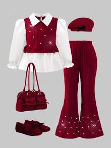 Long Sleeve Lapel Girls'2pcs Set, Burgundy Shirt With 3D Bow Decor, Pearl Beaded Knit Fabric, Ruffled Collar, Khaki Pearl Flared Pants, Summer - Burgundy - View 4