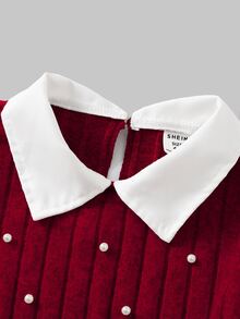 Long Sleeve Lapel Girls'2pcs Set, Burgundy Shirt With 3D Bow Decor, Pearl Beaded Knit Fabric, Ruffled Collar, Khaki Pearl Flared Pants, Summer - Burgundy - View 5