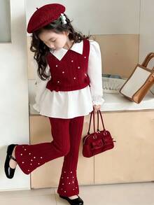 Long Sleeve Lapel Girls'2pcs Set, Burgundy Shirt With 3D Bow Decor, Pearl Beaded Knit Fabric, Ruffled Collar, Khaki Pearl Flared Pants, Summer - Burgundy - View 9