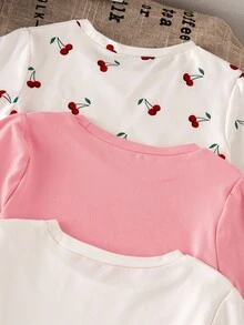 Genkimix Kids 6件/3套小女孩T恤短褲套裝，櫻桃印花服飾套裝，適合7歲生日，白色紫色紅色夏季嬰兒 - 彩色 - 查看 3