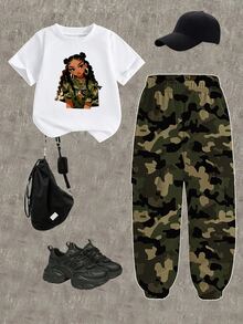 SHEIN 2pcs/Set Tween Girl Casual Swag Band Camo Print Short Sleeve Round Neck T-Shirt And Cargo Pants, Suitable For Summer, Spring Outfits Olive Green White - Multicolor - View 2