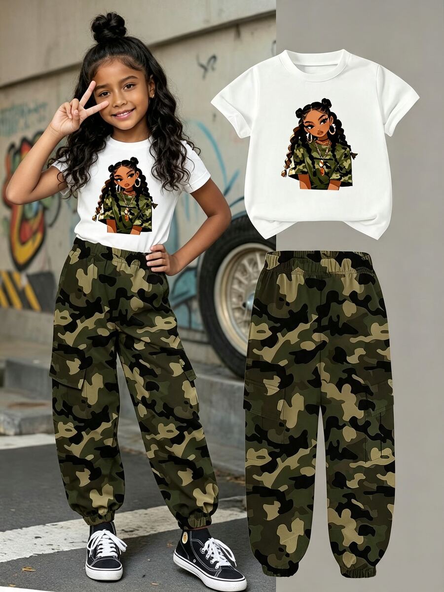 SHEIN 2pcs/Set Tween Girl Casual Swag Band Camo Print Short Sleeve Round Neck T-Shirt And Cargo Pants, Suitable For Summer, Spring Outfits Olive Green White - Multicolor - View 1