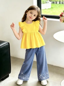 Genkimix Kids 2件/組可愛休閒荷葉邊無袖上衣與時尚鉚釘牛仔褲套裝，適合年輕女孩 - 黃色 - 查看 8