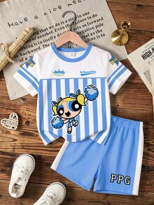 THE POWERPUFF GIRLS X SHEIN 少女夏季短袖藍白直條紋卡通花瓣袖T恤短褲套裝 - 藍色 - 查看 7