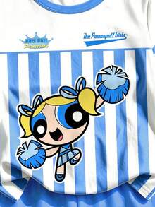 THE POWERPUFF GIRLS X SHEIN 少女夏季短袖藍白直條紋卡通花瓣袖T恤短褲套裝 - 藍色 - 查看 8