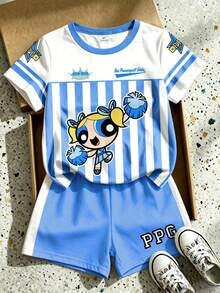 THE POWERPUFF GIRLS X SHEIN 少女夏季短袖藍白直條紋卡通花瓣袖T恤短褲套裝 - 藍色 - 查看 2