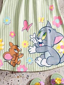 TOM & JERRY X SHEIN GraphicGems 2026年夏季女婴可爱卡通图案条纹吊带裙 - 綠色 - 查看 4