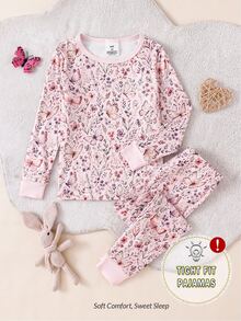 SHEIN Snug Fit Pajama Set For Girls Long Sleeve Top And Pants Elegant Fairy Princess Sweet Style Floral Butterfly Print 7th Birthday Pink Autumn - Baby Pink - View 5
