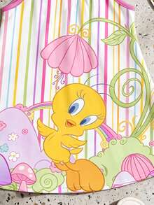 LOONEY TUNES X SHEIN GraphicGems 女婴彩色条纹蝴蝶结无袖A字连衣裙 - 粉色 - 查看 3