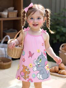 TOM & JERRY X SHEIN GraphicGems Baby Girls Pink Striped A-Line Bow Strap Dress - Pink - View 5