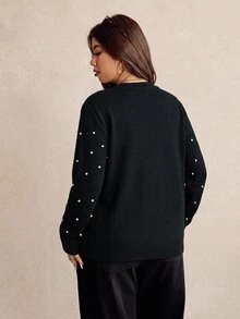 SHEIN Clasi Plus Faux Pearls Beaded Sweater, For Winter Knit Pullover Fall Autumn - Black - View 2