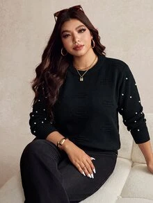 SHEIN Clasi Plus Faux Pearls Beaded Sweater, For Winter Knit Pullover Fall Autumn - Black - View 5