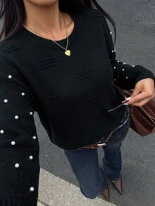 SHEIN Clasi Plus Faux Pearls Beaded Sweater, For Winter Knit Pullover Fall Autumn - Black - View 1