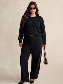 SHEIN Clasi Plus Faux Pearls Beaded Sweater, For Winter Knit Pullover Fall Autumn - Black - View 3