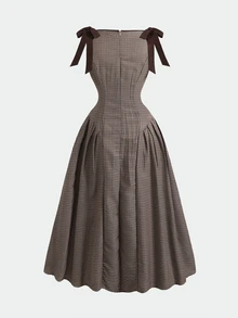 SHEIN Girlism 青少年女孩洋裝 對比色蝴蝶結格紋收腰長洋裝 休閒優雅時尚百搭 日常適用 適合儀式派對所有場合 新款女童洋裝 - 咖啡棕 - 查看 2
