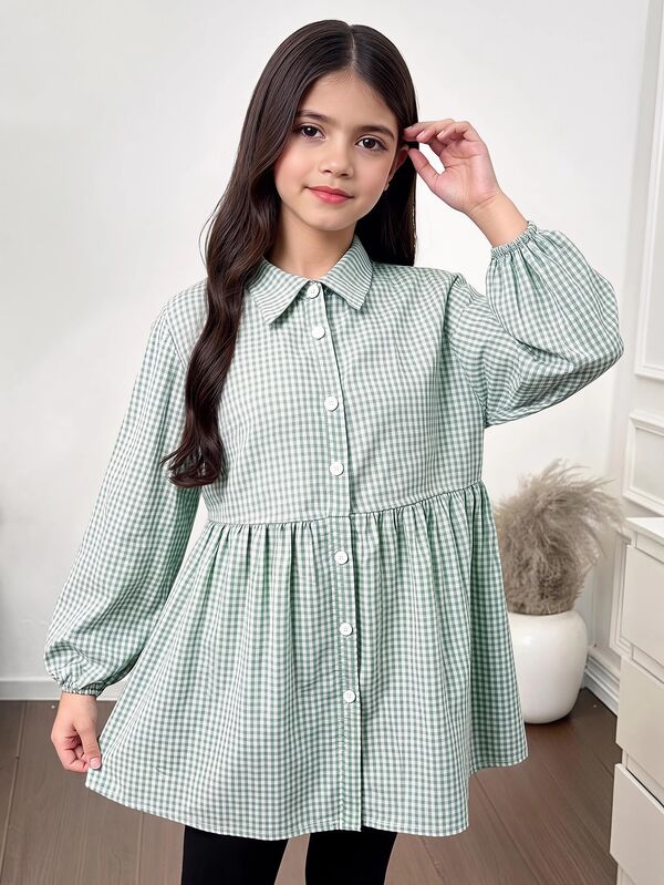 SHEIN Tween Girls' Casual Polo Collar Grid Pattern Lantern Sleeve Loose Cute Top Girls Shirt Dress Checkered Dress Green Shirt For Girls Loose Shirts Teen Girls Fall Winter